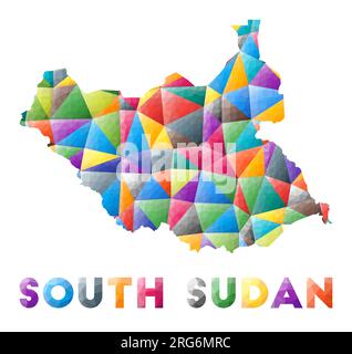 Südsudan – farbenfrohe, niedrige Poly Country-Form. Mehrfarbige geometrische Dreiecke. Modernes, trendiges Design. Vektordarstellung. Stock Vektor