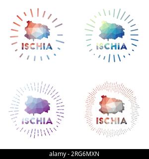 Ischia Low Poly Sunburst Set. Logo der Insel im geometrischen Polygonstil. Vektordarstellung. Stock Vektor