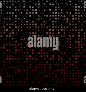 Abstrakter Hintergrund. Zufällige Zeichen des vereinfachten chinesischen Alphabets. Gradiented Matrixmuster. Hintergrund mit rotem Motiv. Horizontal kachelbar. Stock Vektor