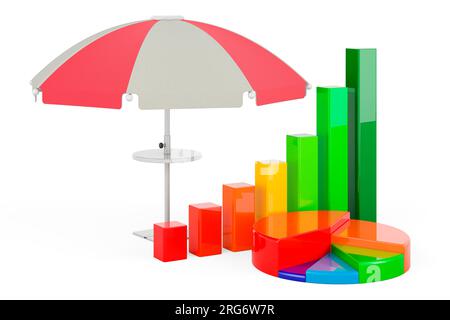 Strandschirm mit Balken- und Tortendiagramm, 3D-Rendering auf weißem Hintergrund isoliert Stockfoto