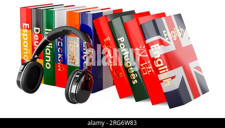 Kopfhörer und Sprachbücher, Konzept für Sprachkurse. 3D-Rendering auf weißem Hintergrund isoliert Stockfoto