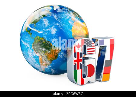 G7-Konzept mit Earth Globe, 3D-Rendering auf weißem Hintergrund isoliert Stockfoto