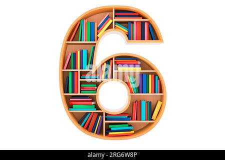 Nummer 6 in Form von Regalen mit Büchern, 3D-Darstellung isoliert auf weißem Hintergrund Stockfoto