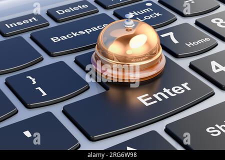 Empfangsglocke auf Laptop-Tastatur. 3D-Rendering Stockfoto