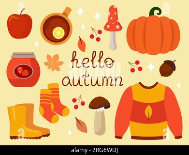 Hallo Herbstset Isolierter Objekte. Vektordarstellung In Flacher Form Stock Vektor