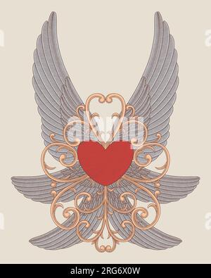 Herz mit sechs Flügeln und Ziergegenstand. Vektorgravierung im Vintage-Stil Stock Vektor