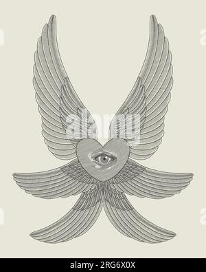 Herz mit sechs Flügeln und Auge. Vektorgravierung im Vintage-Stil Stock Vektor