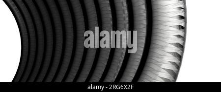 Ein Hintergrund eines eleganten und modernen 3D-Rendering-Bildes mit dynamischen Kreisen auf den dunkelgrauen isolierten Kohlefaserkabeln. Hochwertige 3D-Abbildung Stockfoto