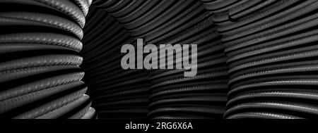 Ein Hintergrund eines eleganten und modernen 3D-Rendering-Bildes mit einem Tunnel aus Seilringen auf dem dunkelgrauen Kohlefaserkabel. Hochwertige 3D-Abbildung Stockfoto