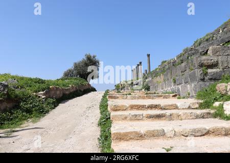 Reisen Sie in die arabische Moslems-Stadt - Umm Qais, Irbid, Jordanien (antike römische und griechische Geschichte im Osten) Stockfoto