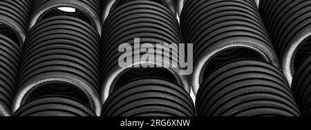 Ein Hintergrund eines eleganten und modernen 3D-Rendering-Bildes mit allmählich unterbrochenem Seil auf dem dunkelgrauen Kohlefaserkabel. Hochwertige 3D-Illustrationen Stockfoto