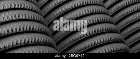 Ein Hintergrund eines eleganten und modernen 3D-Rendering-Bildes mit Zylindern auf dem dunkelgrauen Kohlefaserkabel. Hochwertige 3D-Abbildung Stockfoto