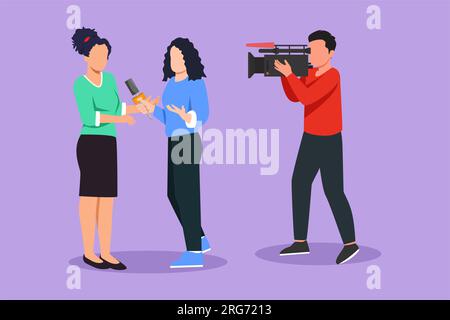 Flaches Grafikdesign mit hübscher Journalistin und Mikrofon, Interview mit der Frau vor der Kamera. Reporter, Kameramann sendet Eilmeldung um Stockfoto