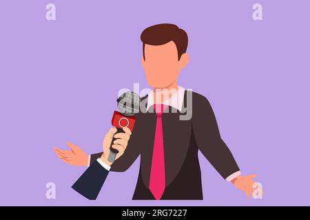 Ein Trickfilm mit flachem Design, der junge Geschäftsleute zu einem Interview in Anwesenheit von Journalisten mit Mikrofonen anlockt. Mann gibt Kommentare und Meinungen für Stockfoto