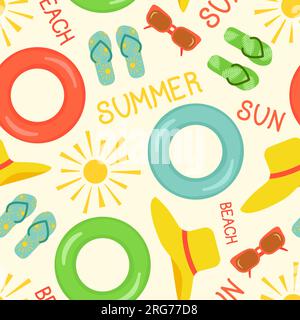 Nahtloses Vektormuster. Sommerhintergrund. Sommer, Sonne. Strandaccessoires Stock Vektor