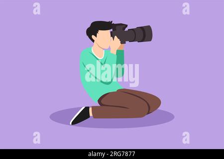 Ein männlicher Fotograf mit flachen Figuren sitzt und hält die dslr-Kamera und macht Fotos. Professioneller Fotograf, der Fotos macht. Kreativ Stockfoto