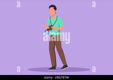 Cartoon-Zeichnungen im flachen Stil, professioneller männlicher Fotograf, Leute, die eine Kamera in der Hand halten. Bilder von Angestellten, Fotos von Kameramännern. Mann-Experte jo Stockfoto