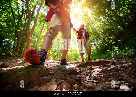 Zwei Wanderer mit Rucksäcken wandern durch den Wald und genießen die Aussicht auf das Tal und machen Fotos. Helft euch gegenseitig Stockfoto