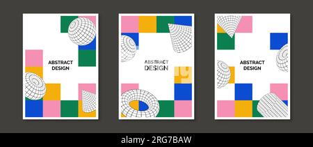 Set mit bunten, geometrischen Neo-Design-Postern. 3D Torus-, Kegel-, Zylinder- und Kugelformen auf hellem Mosaikhintergrund mit Karomuster. Set mit Retro-futuristischen Vorlagen für Deckblatt, Banner, Flyer. Vektorpaket Stock Vektor