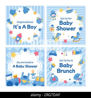 Süße Einladungsvorlage für Babyjungen-Duschen zur Veröffentlichung. Stock Vektor