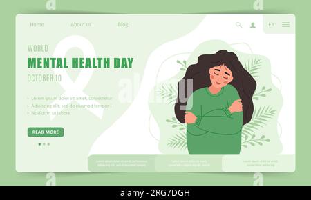 Welttag für psychische Gesundheit. Landing-Page-Vorlage. Glückliche Frau, die sich umarmt. Jährliche internationale Gesundheitskampagne. Vektordarstellung in einem flachen Cartoon Stock Vektor