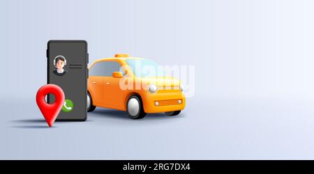 Callcenter für die Unterstützung der Straßenfahrt, 3D-Abbildung mit gelbem Auto und Smartphone und digitalem Banner mit Kartennadel Stock Vektor