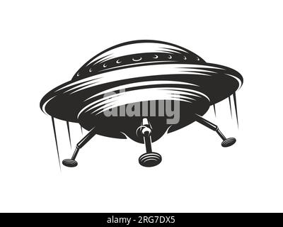 UFO Icon, fliegende Untertasse mit Pfaden, Alien-Raumschiff oder Weltraum-Galaxie-Schiff, mars-Vektor-Raumschiff. UFO-Untertasse im monochromen Retro-Fantasie-Universum und außerirdischen Galaxie-Raumschiff Stock Vektor