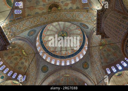 Sultanahmet Moschee alias Blaue Moschee mit Blick auf das Innere. Istanbul Turkiye - 6.30.2023 Stockfoto