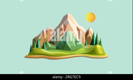 Schwimmender Inselberg mit Waldlandschaft, Poly-3D-Darstellung, virtuelle Welt-Komposition Stock Vektor