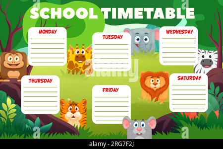 Bildungsplan mit quadratischen Tiergesichtern, Zeichentrickfiguren im Vektorschulplaner. Löwen, Zebras mit Elefanten und Tiger mit Affen und Giraffen im Stundenplan oder Wochenplan Stock Vektor