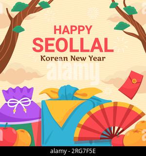 Geschenk und Obst zur Feier des koreanischen Neujahrs. Stock Vektor