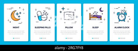 Schlafliniensymbole, Bildschirm für das Onboarding mobiler Apps für gesunden Schlaf, Vektorvorlage. Bildschirm für das Onboarding in der Nacht oder vor dem Schlafengehen für mobile Anwendungen mit Schlaftipps, Wecker und Pillen Stock Vektor