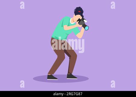 Cartoon-Fotografin im flachen Stil, die eine professionelle Fotografin mit Kamera zeichnet, die nach unten schaut und Fotos mit Pose macht. Fotografin weibliche Figur mit ca. Stockfoto