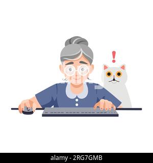 Ältere Menschen mit Computerkonzept. Programmiergerät Tester weibliche Figur Cartoon Illustration. Ältere Frau am Computer. Großmutter mit pc, Laptop. Flache Vektorillustration isoliert auf weiß. Stock Vektor