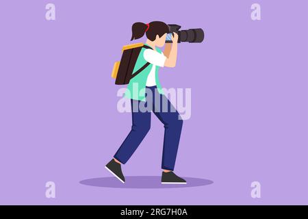 Flacher Cartoon, der eine wunderschöne Fotografin im Stehen und Fotografieren mit der Kamera zeichnet, Tourist mit Rucksack. Frau Fotografin mit ihrer Te Stockfoto