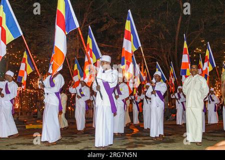 Kandy, Sri Lanka - 11. August 2005: Menschen mit Flaggen aus allen Teilen Sri Lankas finden bei der nächtlichen Prozession der Pera Hera in Kandy, Sri Lank, statt Stockfoto