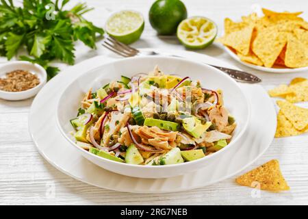 Thunfischsalat mit Avocado, roten Zwiebeln, Gurke und Kapern mit Olivenöl-Limonen-Petersilie-Dressing in weißer Schüssel auf weißem Holztisch mit Taco-Chips Stockfoto