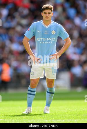 London, Großbritannien. 06. Aug. 2023 - Arsenal / Manchester City - FA Community Shield - Wembley Stadium. Julian Alvarez von Manchester City während des FA Community Shield. Bildkredit: Mark Pain / Alamy Live News Stockfoto