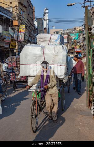 Neu Delhi, Indien - 17. November 2011: Im alten Delhi, Chawri Bazaar, trägt der Mensch mit seinem Fahrrad riesige Ladung. Stockfoto