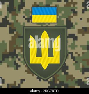 Militärischer Teil der ukrainischen Armee auf pixelverdecktem Hintergrund. Das Dreizack-Emblem der ukrainischen Bodentruppen auf einem verpixelten, nahtlosen Muster Stock Vektor