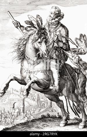 Reitporträt von Johannes von Österreich, 1547 bis 1578, alias Don John von Österreich oder Don Juan de Austria. Nach einer Arbeit von Hessel Gerritsz und Christoffel van Sichem. Stockfoto