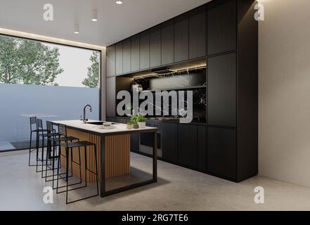 Minimale Holzküche und Esstisch. Rendering von 3D-Illustrationen Stockfoto
