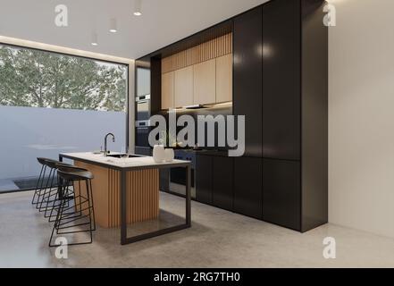 Minimale Holzküche und Esstisch. Rendering von 3D-Illustrationen Stockfoto