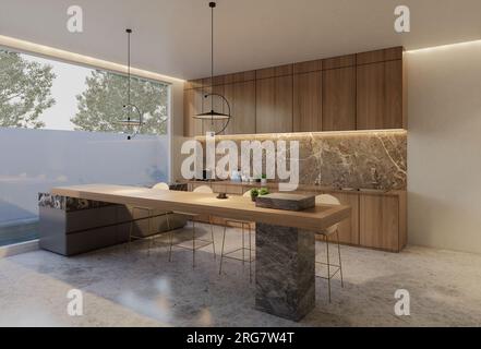 Minimale Holzküche und Esstisch. Rendering von 3D-Illustrationen Stockfoto