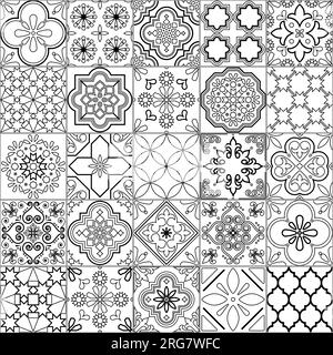 Asulejo-Fliesen nahtloses Vektormuster-Set - traditionelle Liniendesign-Kollektion inspiriert von portugiesischen und spanischen Ornamenten in Schwarz und Weiß Stock Vektor