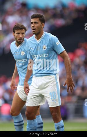 London, Großbritannien. 06. Aug. 2023. Rodrigo (MC) beim FA Community Shield Arsenal gegen Manchester City Match am 6. August 2023 im Wembley Stadium, London, Großbritannien. Kredit: Paul Marriott/Alamy Live News Stockfoto