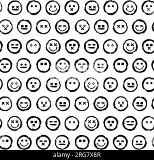 Abstraktes schlampiges, nahtloses Muster mit Emoji-Zellen mit unterschiedlichen Gesichtsausdrücken und Stimmungen. Verzierung zum Bedrucken von Stoff, Einband und Verpackung. Sim Stock Vektor