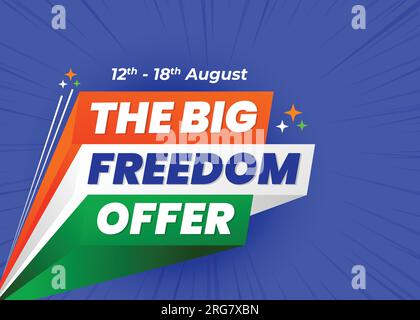 15. August | Indien Unabhängigkeitstag – Big Freedom Sale-Angebot. Indisches Dreifarbdesign im Stil von 3D, Schild, Vektordesign isoliert auf blauem Hintergrund. Stock Vektor