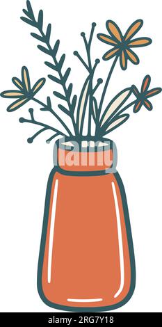 Vase mit Wildblumen und Kräutern Clip Art. Hübscher Blumenstrauß, einfache Illustration im Kritzelstil. Botanische Einrichtung, isolierter Vektor Stock Vektor