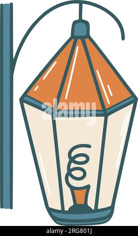 Strassenkunst im Cartoon-Stil. Alte Straßenbeleuchtung, Farbskizze. Stadtlaterne, abgelegene Euctor-Illustration Stock Vektor